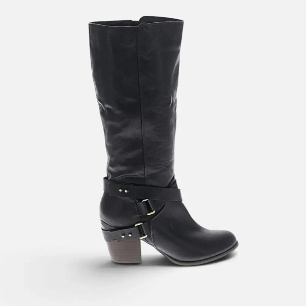 FergieβBlack Buckle Campus Faux Leather Knee High Boots 8